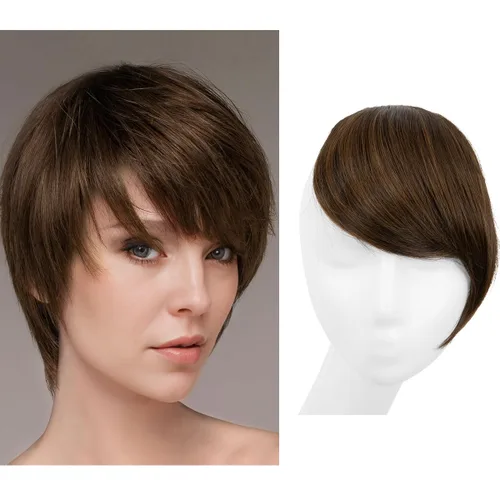 Miniatura 11 de SARLA Flequillo lateral negro marrón con clip en piezas de cabello sintético, extensión de flequillo recto para mujeres