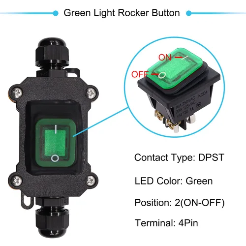 Miniatura 3 de IP67 Interruptor de línea impermeable en línea 16A/250V 20A/125V CA DPST de 4 pines, 2 posiciones, interruptor de palanca exterior con botón de Verde