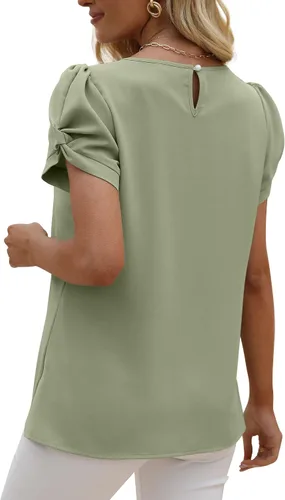 Miniatura 3 de Saloogoe Blusas de gasa para mujer, de manga corta, plisadas, cuello redondo, manga abombada