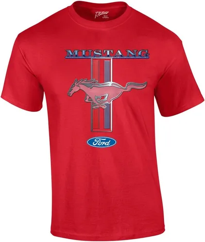 Ford Mustang - Camiseta con logotipo de poni y rayas, diseño retro clásico, rendimiento de carreras, para entusiastas del coche, camiseta auténtica