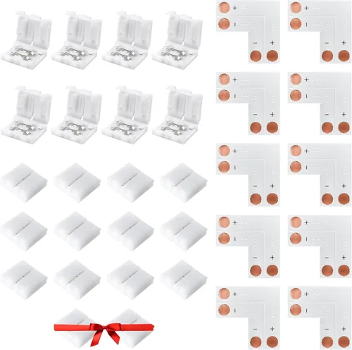 JACKYLED Conectores de tira LED de 2 pines de 0.394 pulgadas para tiras de luces LED, kit total de 22 conectores de esquina para extensión de
