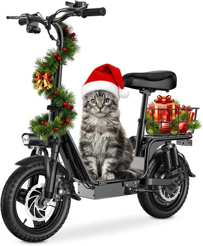 INSDRGN Scooter eléctrico para adultos con asiento, motor pico de 1000 W, 48 V, 10.4 AH, scooter eléctrico plegable, neumáticos de 14 pulgadas, 20