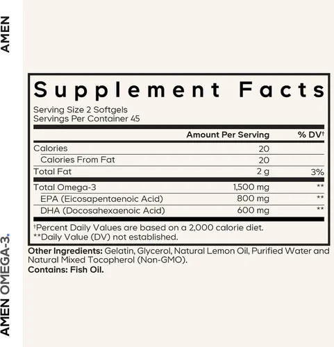 Miniatura 2 de Amen Suplemento Omega-3 - 1500 mg de Omega 3 diario de alta potencia - Aceite de pescado de ácidos grasos EPA y DHA - Suministro para 45 días