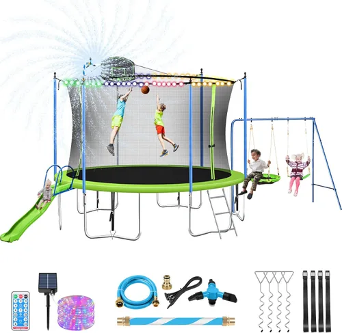 Miniatura 9 de Lyromix Trampolín de 12 pies de 14 pies con tobogán y columpios, cama elástica recreativa grande aprobada por ASTM con aro de baloncesto y escalera