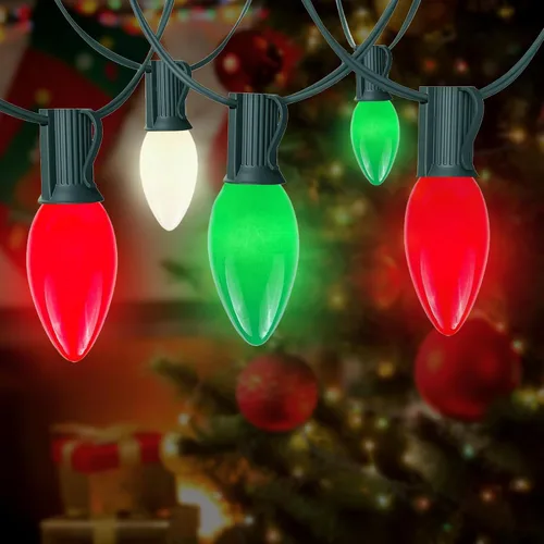 Luces LED C9 de Navidad de 25 pies para interiores y exteriores, multicolor, rojo, verde, blanco, vintage, decoración navideña conectable para árbol