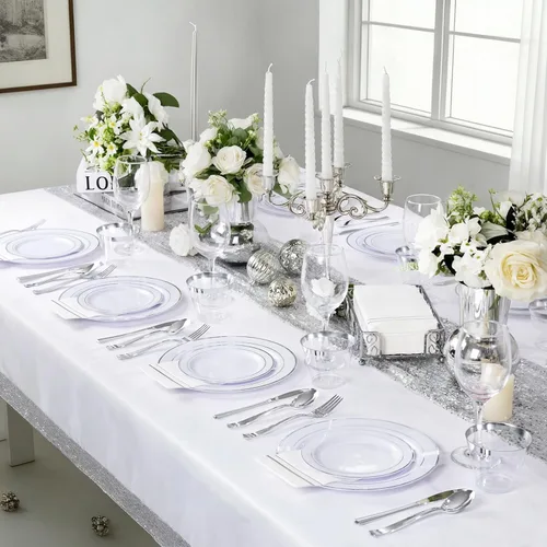 Miniatura 8 de GATHER 350 platos de plástico plateado, platos desechables blancos y plateados para 50 invitados, incluye 100 platos, 50 servilletas, 150 cubiertos