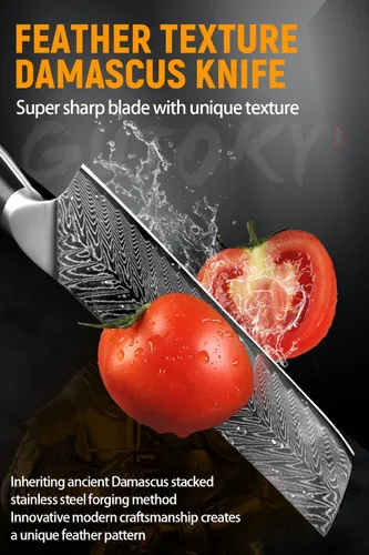 Miniatura 3 de Cuchillo Nakiri de 7 pulgadas, cuchillo de acero de Damasco con hoja de patrón de plumas, mango G10 de espiga completa, cuchillo vegetal profesional