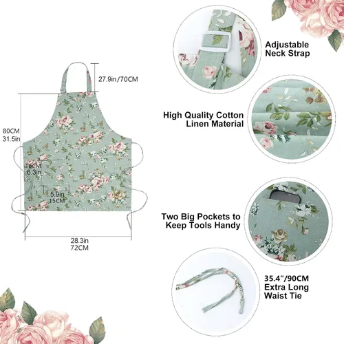 Miniatura 7 de Delantales florales para mujer, paquete de 2 delantales de cocina con bolsillos para cocinar, hornear, delantal de jardinería, regalos