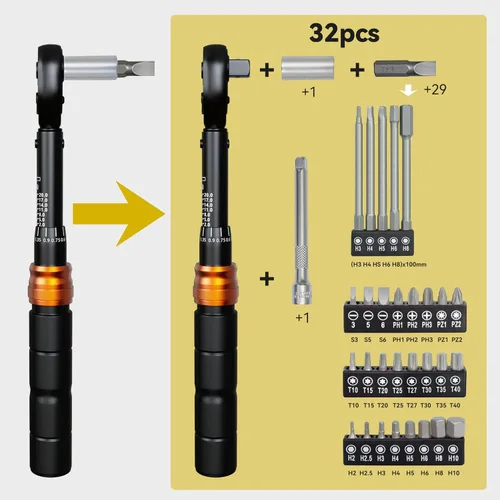 Miniatura 5 de Juego de llaves dinamométricas para bicicleta, kit de herramientas de bicicleta de 32 piezas, llave dinamométrica de clic de 1/4 pulgadas y juego