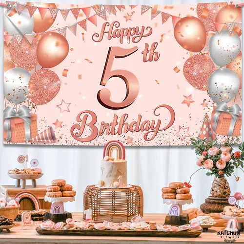 Miniatura 2 de KatchOn, Cartel grande de feliz cumpleaños número 5: 72 x 44 pulgadas, decoraciones de cumpleaños de 5 para niña, telón de fondo de feliz cumpleaños