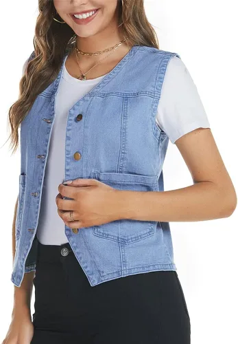 Miniatura 5 de Kedera Chaleco de mezclilla sin mangas para mujer, cuello en V, abotonado, ligero, chaqueta de mezclilla