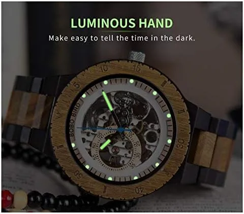 Miniatura 4 de BOBO BIRD Reloj mecánico automático de madera para hombre, personalizable, reloj de pulsera de madera de lujo para hombre
