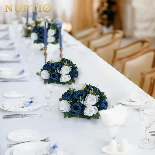 Miniatura 2 de NUPTIO Centros de Mesa de Flores Artificiales para Mesas - 2 Piezas de 9.5 Pulgadas de Diámetro Bolas de Flores Falsas Rosas Azul Marino y Blanco