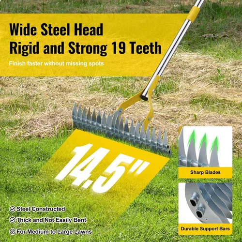 Miniatura 3 de Rastrillo de paja 2 en 1 de acero inoxidable para hojas de paja, 55 pulgadas, resistente 19 púas, desrastrador manual de césped con cabeza