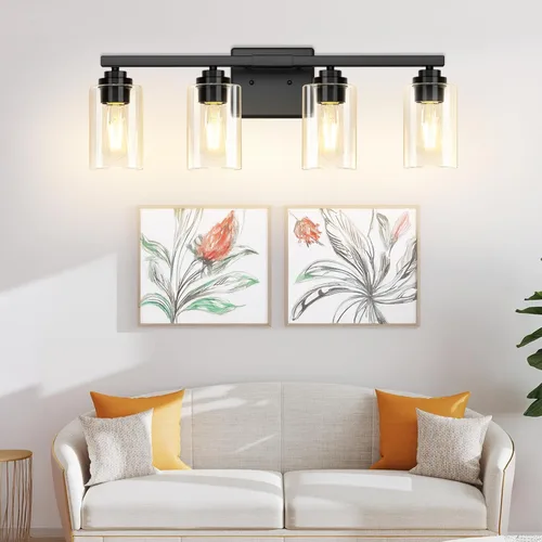 Miniatura 9 de VerRon 4 luces de baño, modernas luces de tocador negro mate sobre espejo con pantallas de vidrio transparente, aplique de pared de baño