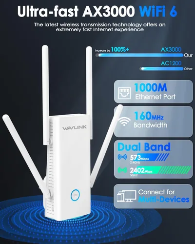 Miniatura 2 de WAVLINK Extensor WiFi 6 AX3000 - Extensor de Internet Amplificador WiFi con 5 Antenas de Alta Ganancia y Beamforming, Cobertura de Banda Dual