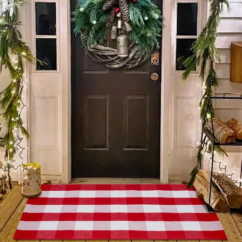 Alfombra de cuadros rojos y blancos de Navidad de 27.5 x 43 pulgadas, tejida a mano para interiores y exteriores, mezcla de algodón a cuadros,