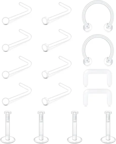 MODRSA - Anillos de nariz transparentes y pernos - Retenedores de perforación de nariz de plástico - 16 g, 18 g, 20 g - Aretes de cartílago