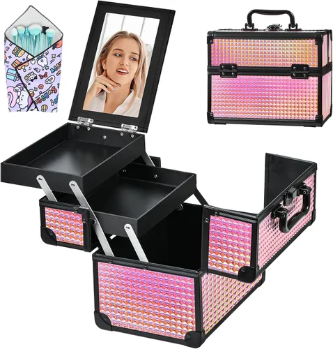 Miniatura 9 de Neceser de Tren de Maquillaje, Estuche de Maquillaje Portátil con Espejo, Organizador de Cosméticos de 2 Bandejas, Organizador de Esmalte de Uñas