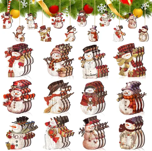 Miniatura 10 de Huwena 36 piezas de adornos de muñeco de nieve de Navidad para árbol, adornos de muñeco de nieve de Navidad, tallas de madera, adornos de árbol
