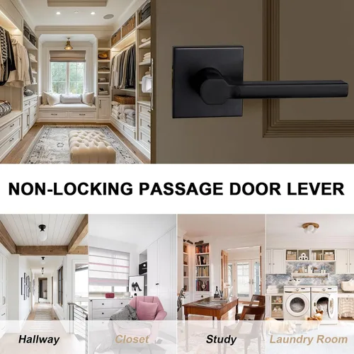 Miniatura 2 de Manija de Puerta de Paso (Sin Cerradura), Mango Cuadrado Interior de Servicio Pesado para Pasillo y Closet, Negro Mate, Reversible para Diestros