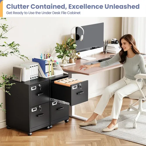 Miniatura 9 de Archivador de 2 cajones con cerradura, archivador vertical móvil para colgar carpetas tamaño A4/carta/legal, debajo del escritorio, pequeños