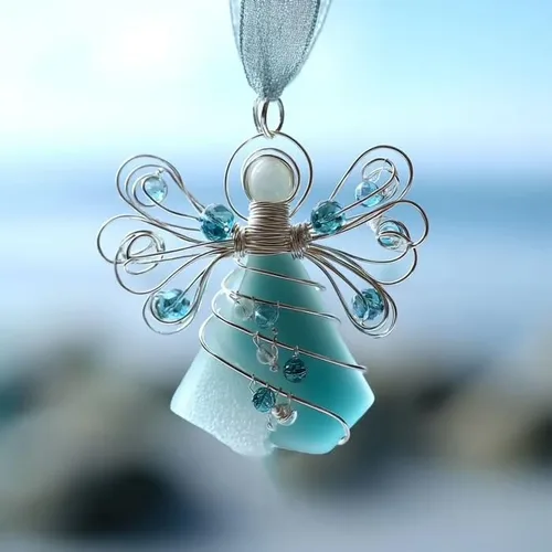 Miniatura 3 de Adorno de ángel de cristal de mar hecho a mano, hecho a mano, decoración de ángel envuelto en alambre plateado, decoración única de árbol de Navidad