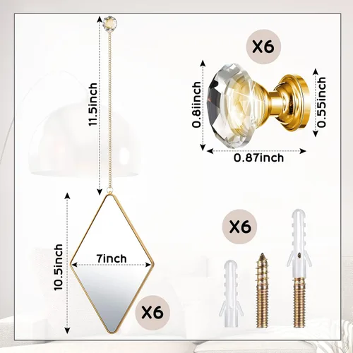 Miniatura 2 de Suzile Juego de 6 espejos de pared de diamantes con cadena para colgar con marco de mango de diamante, espejo de cadena decorativo para entradas