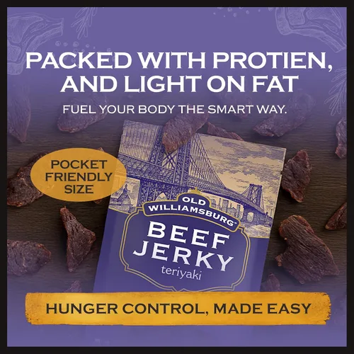 Miniatura 3 de Old Williamsburg Teriyaki Beef Jerky, 2 onzas (paquete de 3) Pechuga de res real Cecina hecha a mano Snack de carne sin gluten Envasado