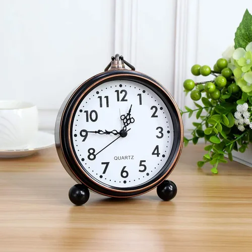 Miniatura 6 de Reloj de mesa de metal retro, funciona con pilas, sin tictac, mesa de cuarzo, pequeño despertador, estante de escritorio, reloj de cristal HD