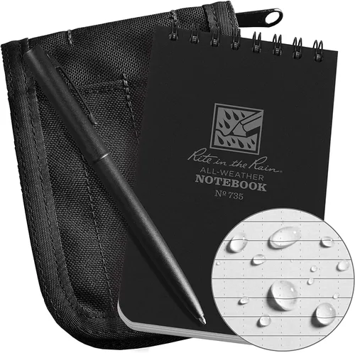 Rite in the Rain All-Weather - Kit de cuaderno con espiral en parte superior de 3 x 5", funda de tela CORDURA, cuaderno amarillo y bolígrafo Negro