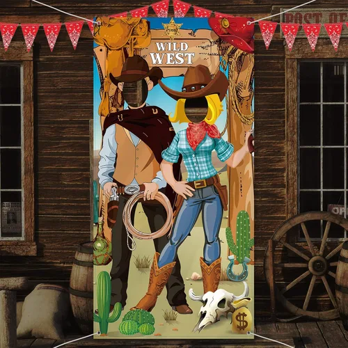 Blulu Decoraciones de fiesta de fondo de vaquero occidental de 6 x 3 pies, decoración para cabina de fotos de rodeo del salvaje oeste, fondo y