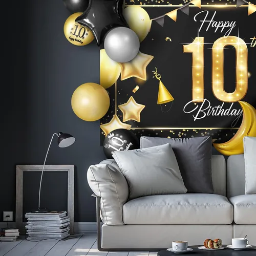 Miniatura 7 de Juego de globos dorados de feliz cumpleaños número 10 – Saludos a los 10 años de edad, guirnalda temática de fiesta con estrellas y luna, decoración