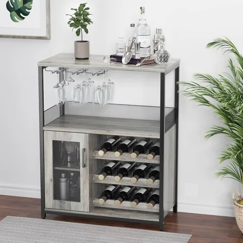 IDEALHOUSE Armario de bar de vinos de 3 niveles con estante de vino desmontable y espacio de almacenamiento, gabinete de buffet con soporte de Gris