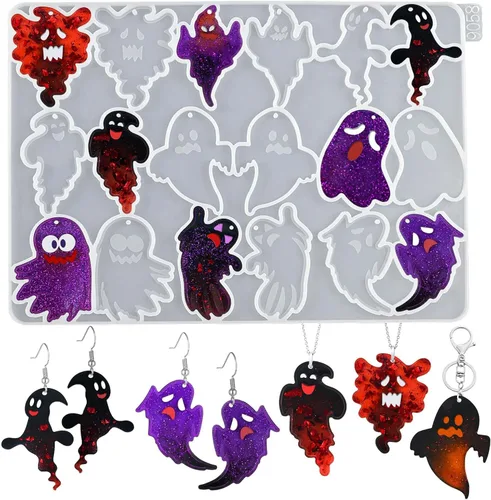 Moldes para aretes de resina de Halloween con agujeros, 9 pares de diferentes formas de molde de silicona fantasma para resina, fabricación de