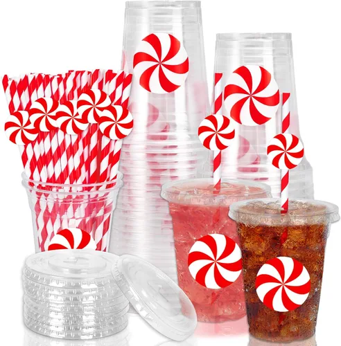 Miniatura 56 de Whaline 50 vasos de plástico desechables patrióticos de 12 onzas con tapas y pajitas con la bandera estadounidense del 4 de julio, vasos