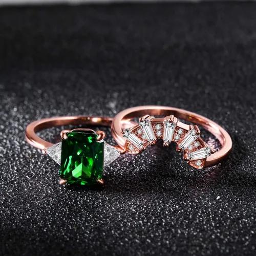 Miniatura 3 de JIANGYUE Anillos apilables de circonita cúbica verde esmeralda para mujer, oro rosa, blanco, corona, juego de anillos de boda, joyería para el día