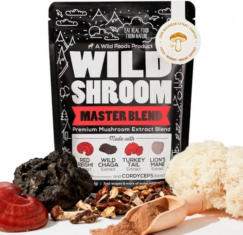 Wild Foods Mezcla de hongos salvajes Reishi, Chaga, Cordyceps, cola de pavo y melena de león - Paquete de 4 onzas - Reductor de estrés adaptogénico