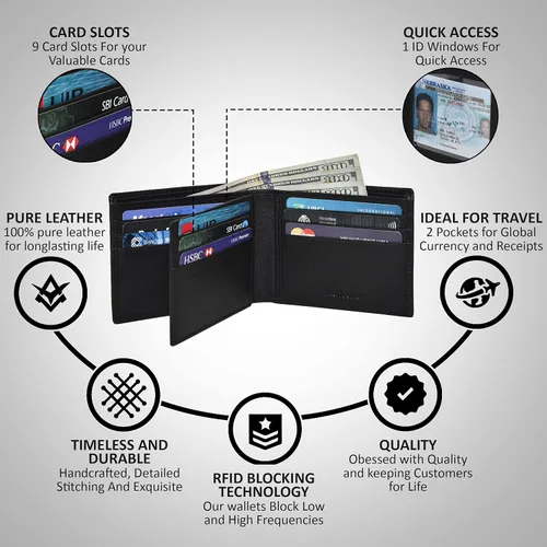 Miniatura 4 de Carteras plegables de cuero RFID hechas a mano para hombres en varios colores que ofrecen 9 tarjetas y 1 ranuras para identificación