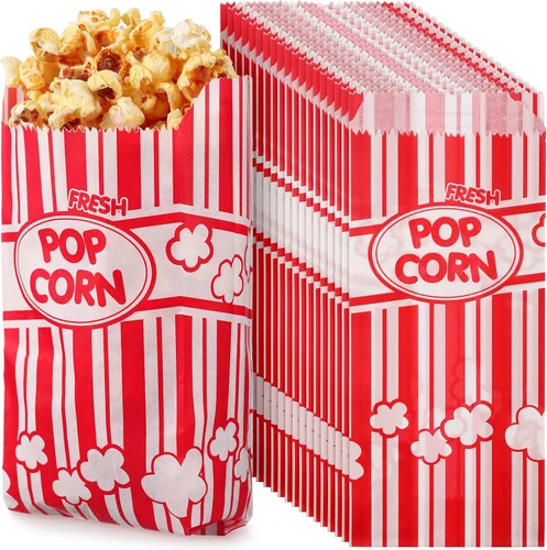 Miniatura 8 de Potchen 300 bolsas de papel de palomitas de maíz, desechables, resistentes a la grasa, a rayas, contenedor de palomitas de maíz para noche, cine