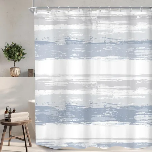 Miniatura 26 de KOMLLEX Cortina de ducha abstracta azul para decoración de baño, 72 pulgadas de ancho x 72 pulgadas de alto, moderna, a rayas blancas y grises