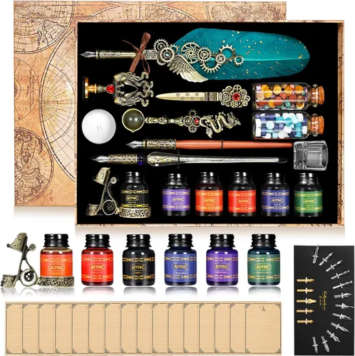 Miniatura 11 de Juego de pluma estilográfica y tinta, con pluma estilográfica, pluma de madera, pluma de vidrio, 6 botellas de tinta, papel de 16 letras, 2 sobres