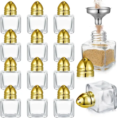 Uiifan Juego de 12 piezas 0.5 oz de forma cúbica, pequeños saleros y pimenteros con tapas tonales, frascos de condimentos de vidrio transparente