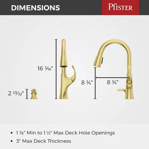 Miniatura 10 de Pfister Miri 2.0 Llave de cocina con rociador extraíble y dispensador de jabón, de un solo mango, arco alto, certificada por NSF, acabado en oro Oro