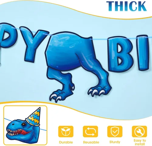 Miniatura 3 de WERNNSAI Cartel de fiesta de feliz cumpleaños – Cartel de cumpleaños de dinosaurio para decoración de fiesta de niños, suministros de decoración
