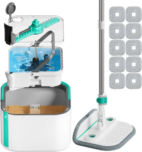 Trapeador giratorio mejorado y cubo de trapeador autosuficiente, sistema de agua sucia y limpia, rotación de 360° y plegable de 90°, trapeadores y