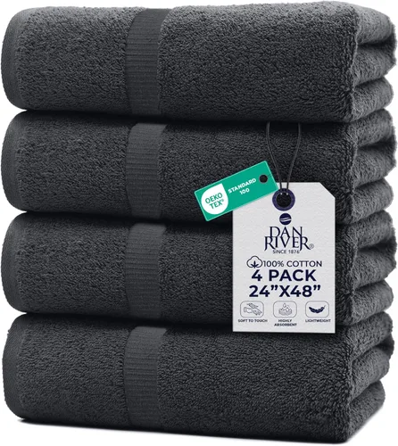 DAN RIVER Paquete de 4 toallas de baño de algodón – 24 x 48 pulgadas, ligeras, superabsorbentes, de secado rápido, suaves y duraderas, toallas de