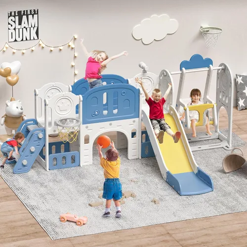 Juego para exteriores 11 en 1 con tobogán y columpio, parque infantil interior para niños, con aro de baloncesto, pasillo extralargo, tobogán para