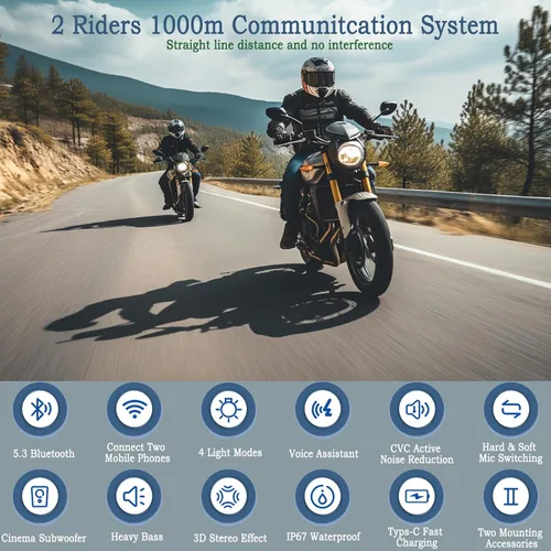 Miniatura 2 de Auriculares Bluetooth para casco de motocicleta con sonido estéreo, sistema de comunicación C50 de 2 vías de 1000 M, altavoces de intercomunicación