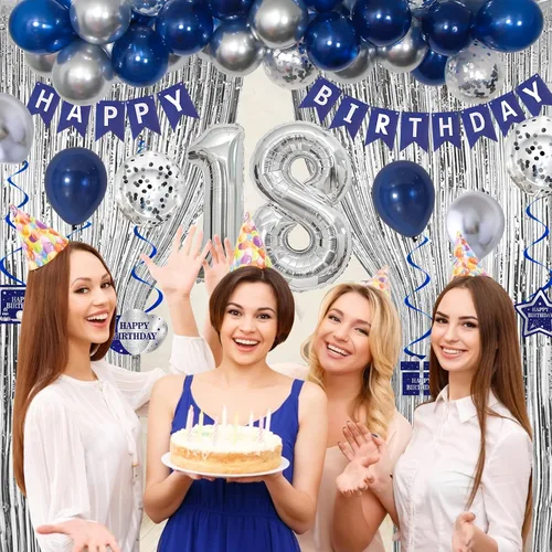 Miniatura 4 de Decoraciones de cumpleaños número 15 para niños y niñas azul plateado, pancarta de decoraciones de feliz cumpleaños número 15, globos de cumpleaños